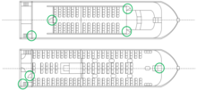 A diagram of the ferry's layout. Green circles indicate the ferry's main access. MV Zahro Express - access point.png