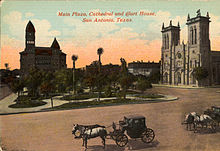 Main Plaza, Cathedral, and Court House, San Antonio, Texas MainstreetSA.jpg