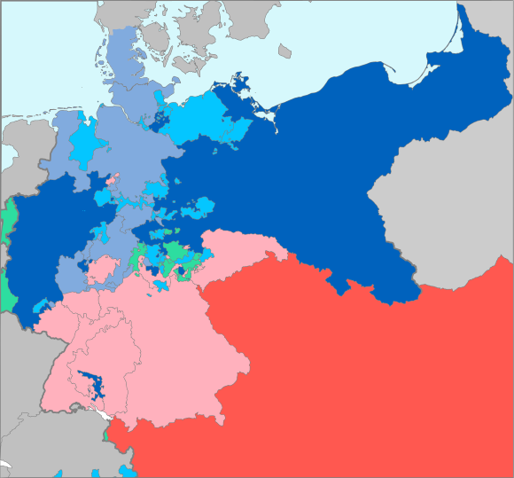Aftermath of the war:   Prussia   Territories annexed by Prussia   Prussia's allies   Austria   Austria's allies   Neutral members of the German Confederation