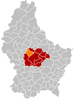 Комуна Біссен (помаранчевий), кантон Мерш (темно-червоний) та округ Люксембург (темно-сірий) на карті Люксембургу