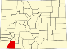 Location of La Plata County in Colorado Map of Colorado highlighting La Plata County.svg