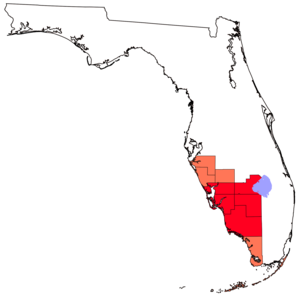 Map of Southwest Florida. Counties in red are always included in Southwest Florida, while counties in pink are sometimes included in Southwest Florida. Map of SW Florida.PNG