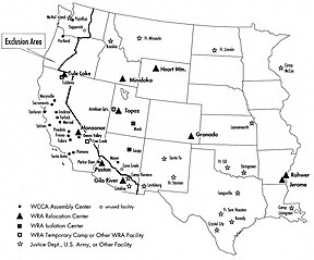 Die Sperrzone, zehn Internierungslager und weitere Einrichtungen der War Relocation Authority
