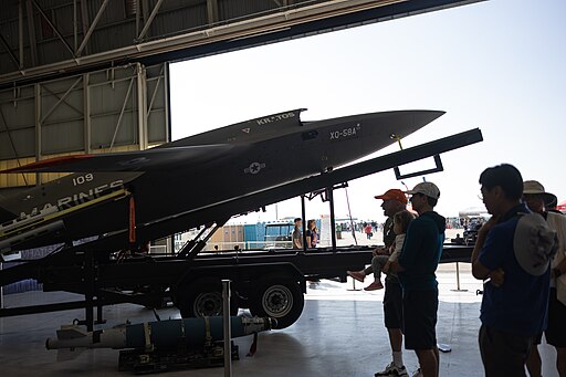 XQ-58A Valkyrie drone displayed at the 2023 MCAS Miramar Airshow, exemplifying modern AI-enhanced unmanned aerial vehicles.