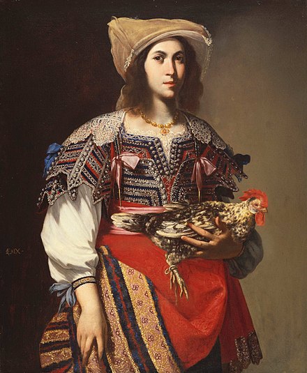 The Neapolitan painter Massimo Stanzione poses a woman in festive local costume (ca 1635) with a market chicken: only the rich ate chicken on an ordinary occasion