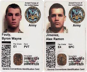 Iraqi insurgents released images of the Common Access Cards of two of the soldiers in early June 2007 May 2007 soldier kidnappings ID cards.jpg