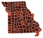 Map of counties in Missouri by racial plurality, per the 2020 U.S. census
Legend
Non-Hispanic White
.mw-parser-output .legend{page-break-inside:avoid;break-inside:avoid-column}.mw-parser-output .legend-color{display:inline-block;min-width:1.25em;height:1.25em;line-height:1.25;margin:1px 0;text-align:center;border:1px solid black;background-color:transparent;color:black}.mw-parser-output .legend-text{}
50-60%
60-70%
70-80%
80-90%
90%+
Black or African American
40-50% Missouri counties by race.svg