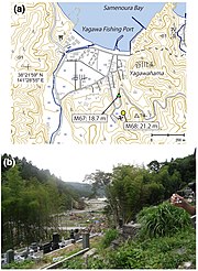 Miyagi - Ishinomaki - Yagawahama -a- Hauteurs du tsunami -b- Vue depuis le point d'enquête avec une hauteur de montée de 21,2 m.jpg