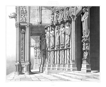 The south entrance of the cathedral of Chartres, large format scan (400dpi) of an original lithography made in 1867. Original size 70x90 cm. The owner of this lithography (a series of 70 sheets) is the Austrian national heritage Foundation (Bundesdenkmalamt)