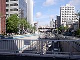 中目黒陸橋から中目黒駅を見る。手前は駒沢通り