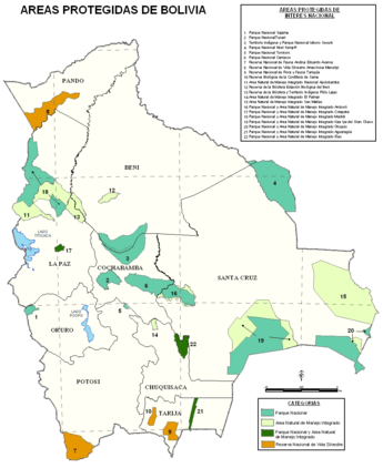 Map of protected areas of Bolivia National parks of bolivia.PNG