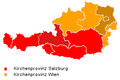 Cele două provincii ecleziastice din Austria: Salzburg (roșu) și Viena (portocaliu)