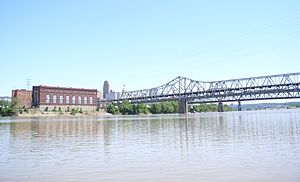 View of the B & O Freight Terminal (Cincinnati, Ohio) and the Brent Spence Bridge Ohio River and Cincinnati 2009.JPG