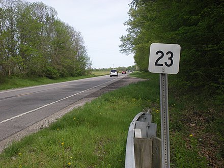 Mile marker 23 on US 36 in Delaware County, Ohio. It marks the location which is 23 miles from the Union County line.