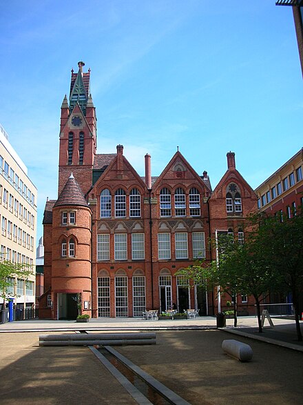 The tower was demolished in 1976 and restored in 1997 Oozells Street Board School Ikon.jpg