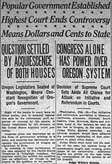 These headlines from the Oregon Daily Journal, dated February 20, 1912, announce the Supreme Court's decision in Pacific States. Oregon Daily Journal 20 Feb 1912 Pacific States case.jpg