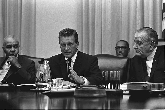 Kerner (center) meeting with Roy Wilkins (left) and President Lyndon B. Johnson (right) at the White House in 1967.