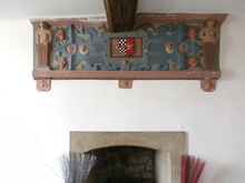 Plaster heraldic overmantel at Hawkridge Barton representing the 1615 marriage of Baldwin Acland and Elizabeth Tremayne Overmantel 1615 HawkridgeBarton Chittlehampton Devon.PNG