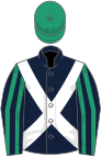 Dark blue, white cross belts, dark blue and emerald green striped sleeves, emerald green cap