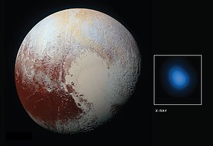 Image of Pluto in X-rays by Chandra X-ray Observatory (blue spot). The X-rays are probably created by interaction of the gases surrounding Pluto with solar wind, although details of their origin are not clear. PIA21061-Pluto-DwarfPlanet-XRays-20160914.jpg