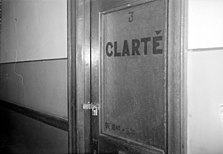 The doorway of the newspaper La Clarte, a weekly communist newspaper, padlocked by the police in Montreal, Quebec, Canada in 1937 Padlocked newspaper.jpg