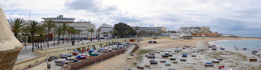 Panorámica de La Caleta, con las facultades de "Ciencias Económicas y Empresariales" y "Ciencias del Trabajo" al fondo, y sus dos ficus centenarios.