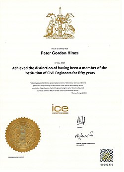 A 50 year-membership certificate Peter Hines 50 years Institute Civil Engineers.jpg