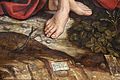 Pier francesco sacchi, madonna col bambino tra i ss. g. battista, antonino e nicola da tolentino, 1526, 03 piedi e firma.jpg