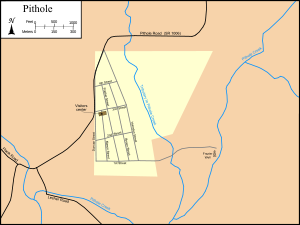 Map of Pithole and the surrounding area showing the city streets and Frazier Well, overlayed with modern roads and creeks