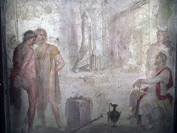 An antique fresco in Pompeii depicting a scene from 'Iphigenia in Tauris' showing Orestes, Pylades and King Thoas