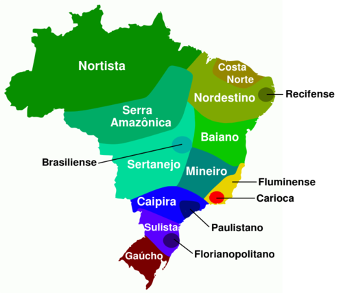 Main dialects within Brazil Amazon: · Nortista (Northern) · Serra Amazônica (Highland) Nordeste (Northeast): · Central · Costa Norte (North Coast) · Recifense (Recife) · Baiano Central: · Sertanejo · Mineiro · Caipira Coastal: · Fluminense · Carioca (Rio de Janeiro) Southern: · Sulista (Southern) · Gaúcho · Florianopolitan (Florianópolis) Metropolitan: · Brasiliense (Brasília) · Paulistano (São Paulo)