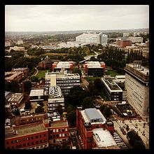 View from the tower, looking west, towards the Queen Elizabeth Hospital QE Hospital viewed from UOB clock tower.jpg