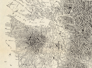 Section of Raisz' 1941 map of the Northwestern United States, showing his style of landform illustration Raisz 1941 Olympic Peninsula Puget Sound.png