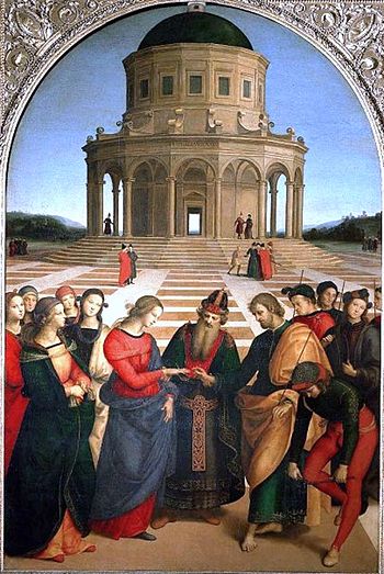 Oil painting. A Jewish Priest stands centrally to join the hands of the Virgin Mary who approaches from the left, followed by maidens and St. Joseph who stands to the right. Behind Joseph are young men who have been unsuccessful in winning Mary's hand. Joseph carries a flowering branch. Behind them is an open square and circular temple, in perspective.