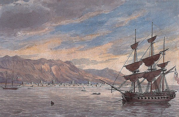 A painting depicting the British Expeditionary Force off the coast of Ras Al Khaimah in 1809.