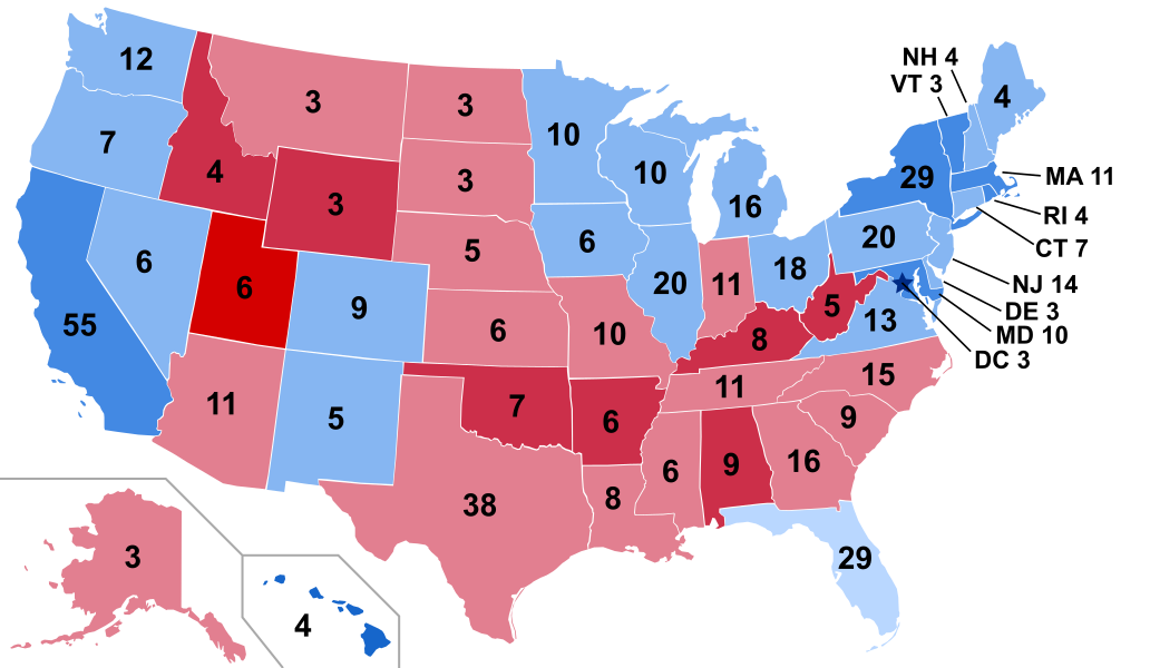 Results by state, shaded according to winning candidate's percentage of the vote.