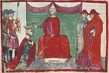 Photographie d'une miniature représentant un souverain assis, entouré de courtisans à droite et à gauche