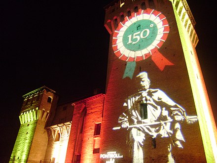 Tricolour cockade projected on the Rocca Estense, San Felice sul Panaro on the occasion of the 150th anniversary of the unification of Italy (2011)