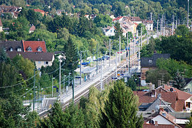 Offenbach-Bieber S-Bahn station photographed from the Bieber observation tower