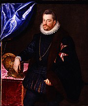Schilderij van zittende hertog in zwarte, koninklijke kledij