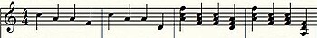 The two measures on the left show the framework for chorus. This framework is the secondary melody that this chorus response is based on. The two measures on the right show the application of the span process in both the upward and downward direction on the secondary melody (counter melody). This example is in thirds. Secondary melody.jpg