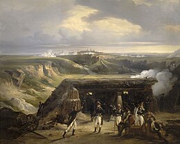 Painting shows an fortified artillery position with blue coated soldiers. In the distance is a city-fortress.