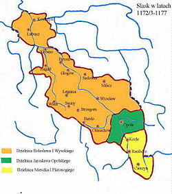 1172～77西里西亞：奧波萊（英语：Duchy of Opole） (綠色)與拉齊布日（英语：Duchy of Racibórz）(黃色)各自獨立建政，標誌西里西亞開始分裂。