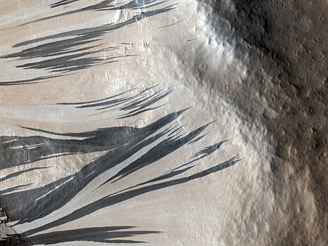 Traînées noires photographiées le 3 décembre 2006 par l'instrument HiRISE de MRO dans la région d'Acheron Fossae, par 37,3° N et 229,1° E. On observe nettement sur cette image l'éclaircissement progressif de ces traînées, qui deviennent plus claires que la surface environnante. La nature exacte des phénomènes en cause n'est pas connue.