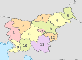 Statistical regions: 1. Gorizia, 2. Upper Carniola, 3. Carinthia, 4. Drava, 5. Mura, 6. Central Slovenia, 7. Central Sava, 8. Savinja, 9. Coastal-Karst, 10. Inner Carniola-Karst, 11. Southeast Slovenia, 12. Lower Sava Slovenia, administrative divisions - Nmbrs (statistical regions) - colored.svg