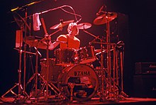 Copeland performing with the Police in 1979 Stewart Copeland Atlanta 2.jpg