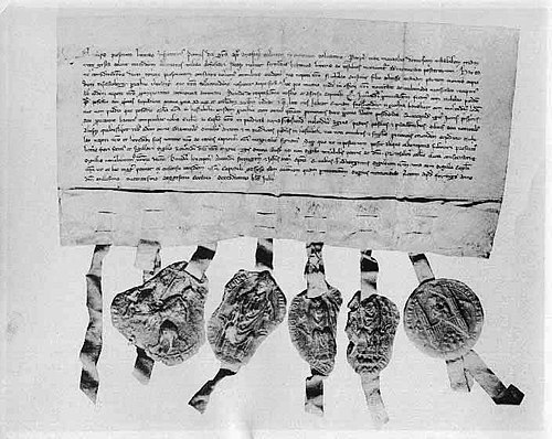 The transfer letter from 1288 through which Bishop Peter of Västerås reacquires an eighth of Tiskasjöberg, Kopparberget. The original can be found at Riksarkivet (National Archive) in Stockholm.