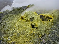 Sulfur, a common mineral associated with volcanic activity, is the most important mineral found at Koh-i-Sultan Sulfur-IMG 3733 1.JPG