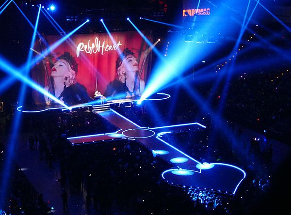 The stage for Madonna's Rebel Heart Tour had a long cross-shaped runway and ended in a heart-shaped B-stage.