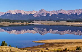 Looking north from Taylor Park Reservoir toward the Continental Divide with Grizzly Peak centered and Jenkins Mountain to the left. Taylor Park Reservoir.jpg